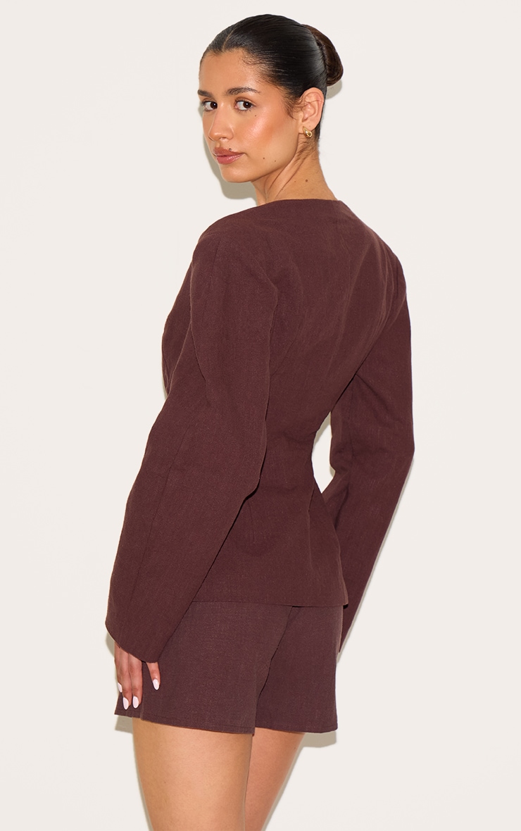 Tall Chocolate Premium Linen Look Tailored Cocoon Sleeve Cinched Blazer image 2