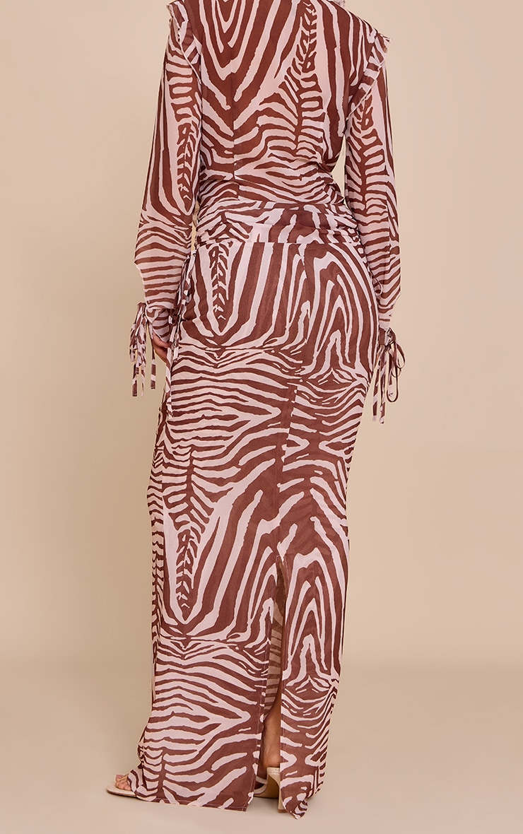 Brown Zebra Print Ruched Chiffon Maxi Skirt image 3