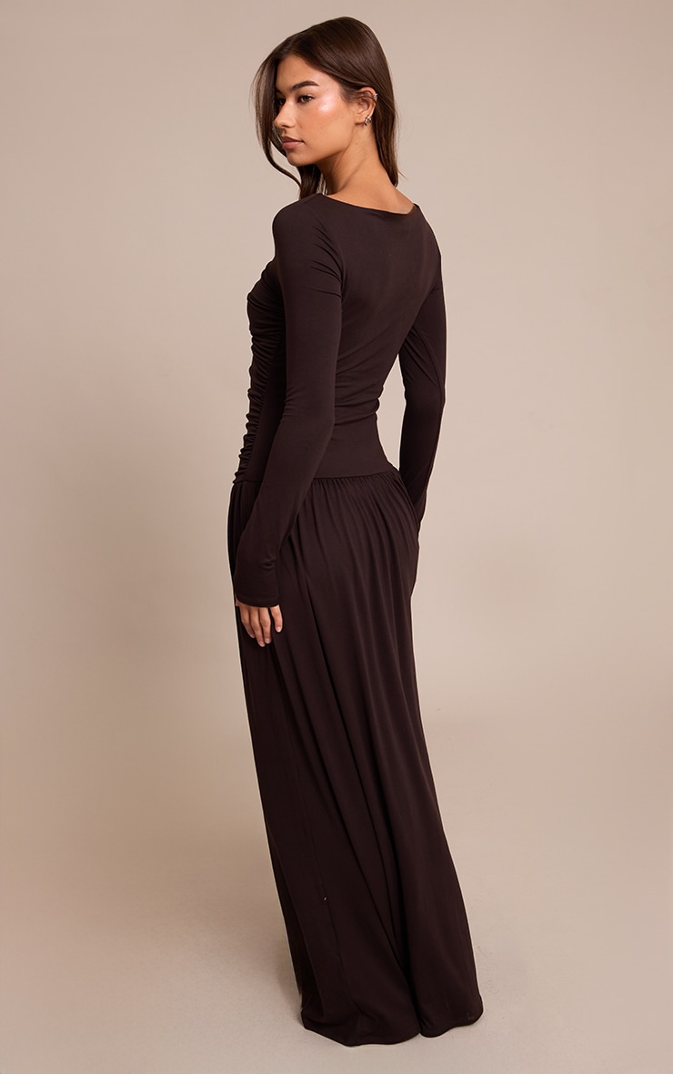 Brown Soft Touch Jersey Ruched Long Sleeve Maxi Dress image 2