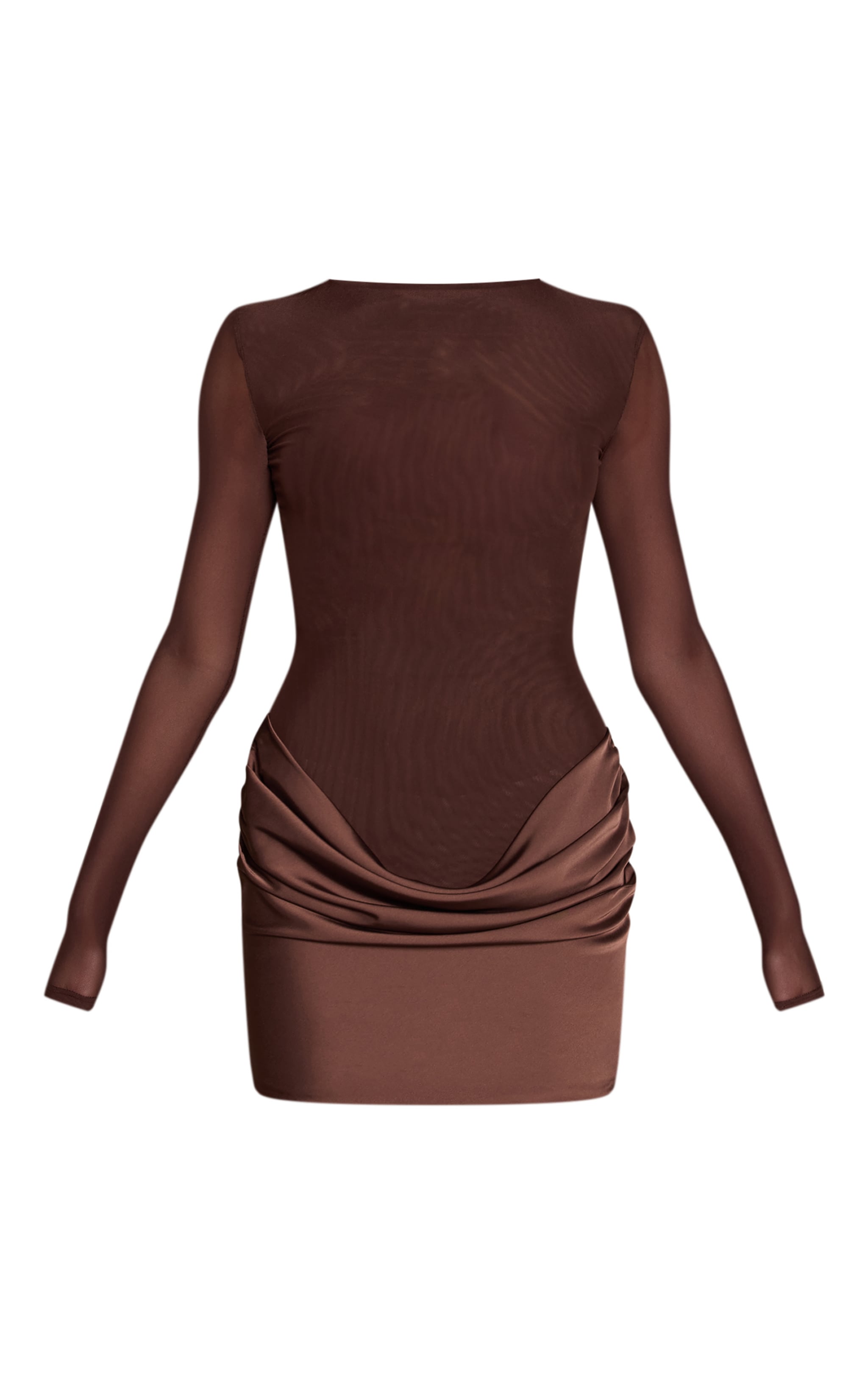 Chocolate Mesh Long Sleeve Satin Drape Mini Dress image 5