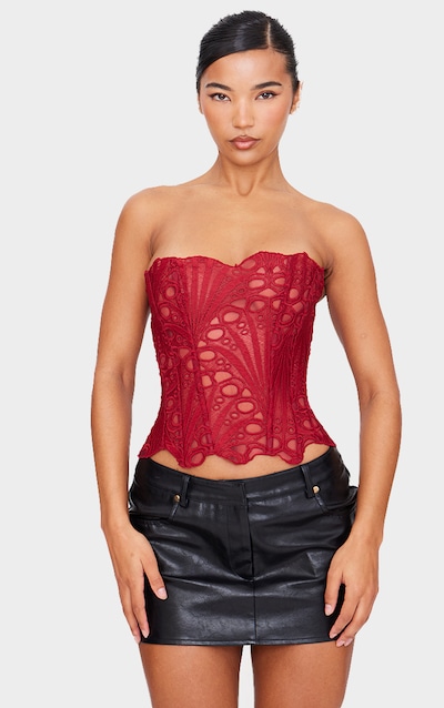 Burgundy Textured Sheer Floral Lace Corset
