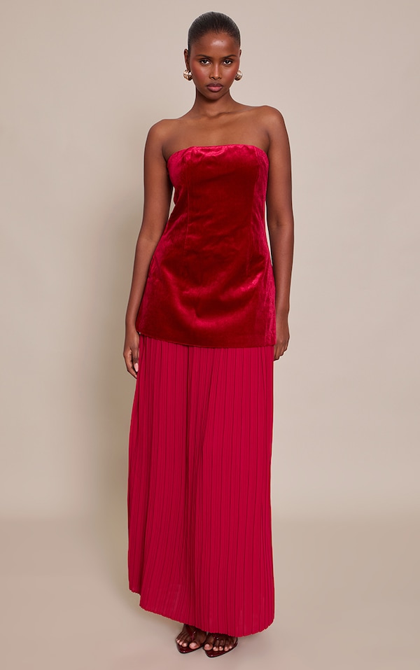 Wine Velvet Bandeau Pleated Chiffon Skirt Panel Maxi Dress