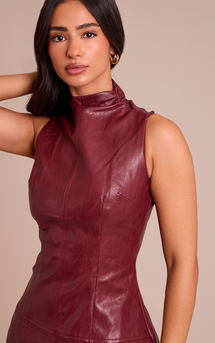 Petite Deep Red Faux Leather High Neck Ruched Mini Dress image 4