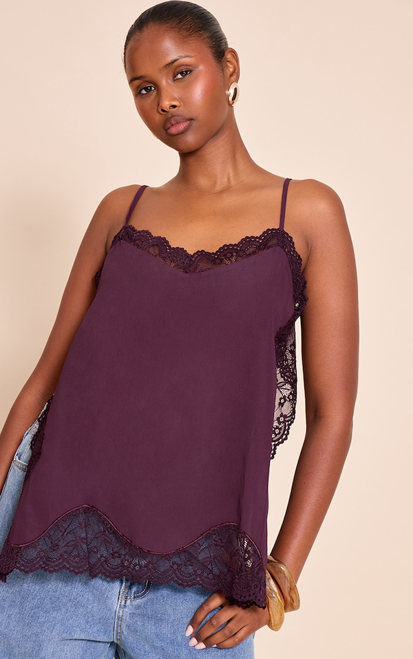 Dark Plum Woven Lace Trim Detail Strappy Cami Top