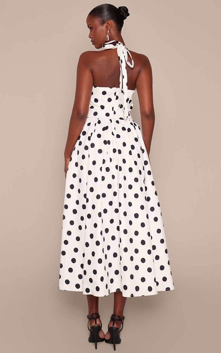 Monochrome Polka Dot Halterneck Tie Detail Ruched Midaxi Dress image 2