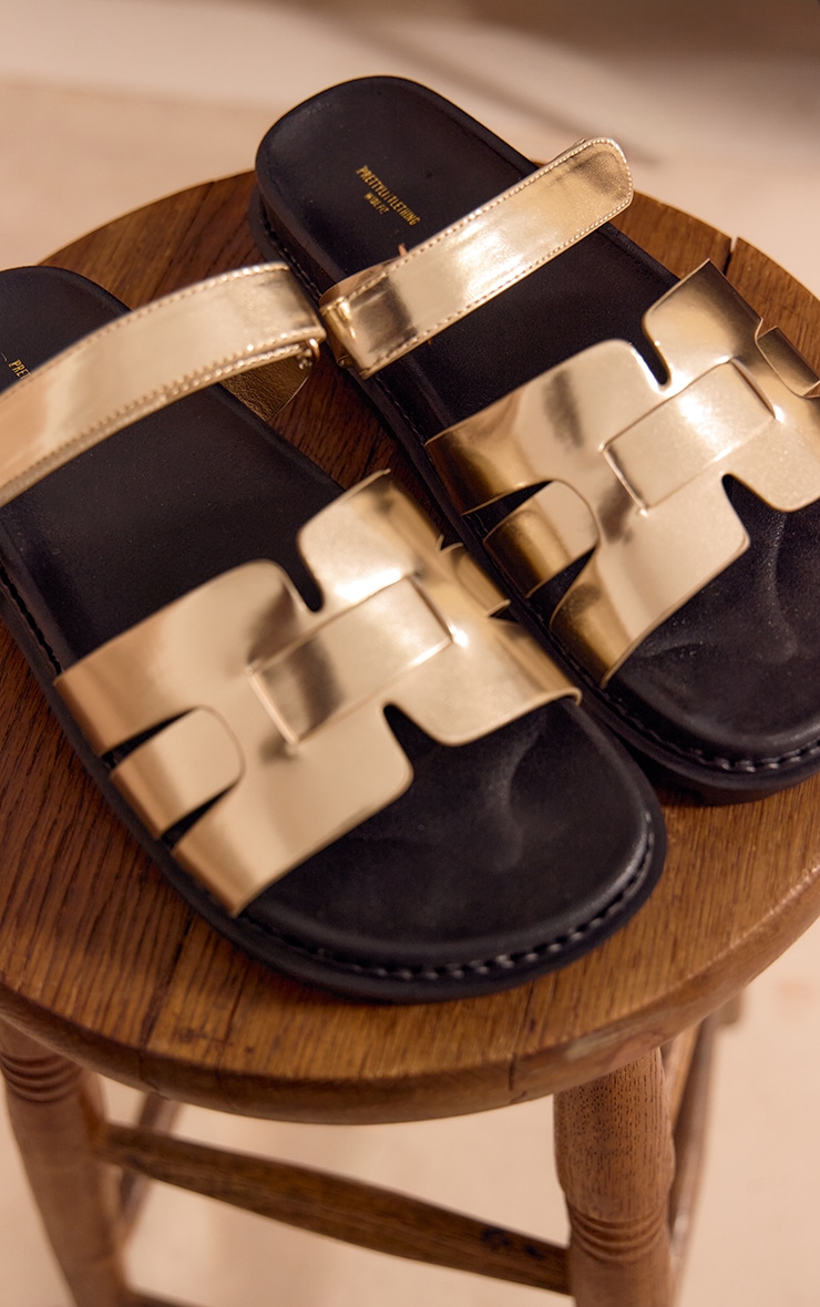 Gold Wide Fit Metallic PU Round Toe Velcro Strap Chunky Sandals image 3