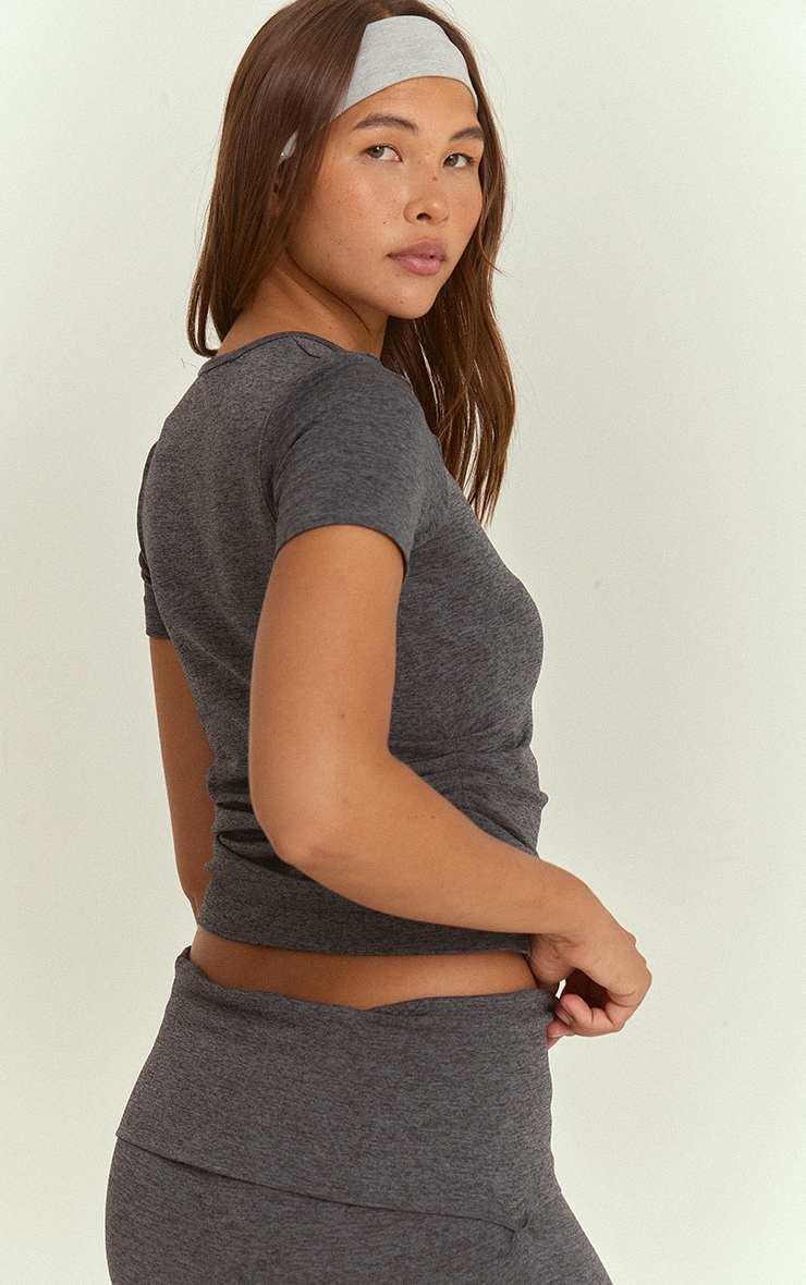 Charcoal Seamless Marl Layered Ruched Side Gym Top image 2