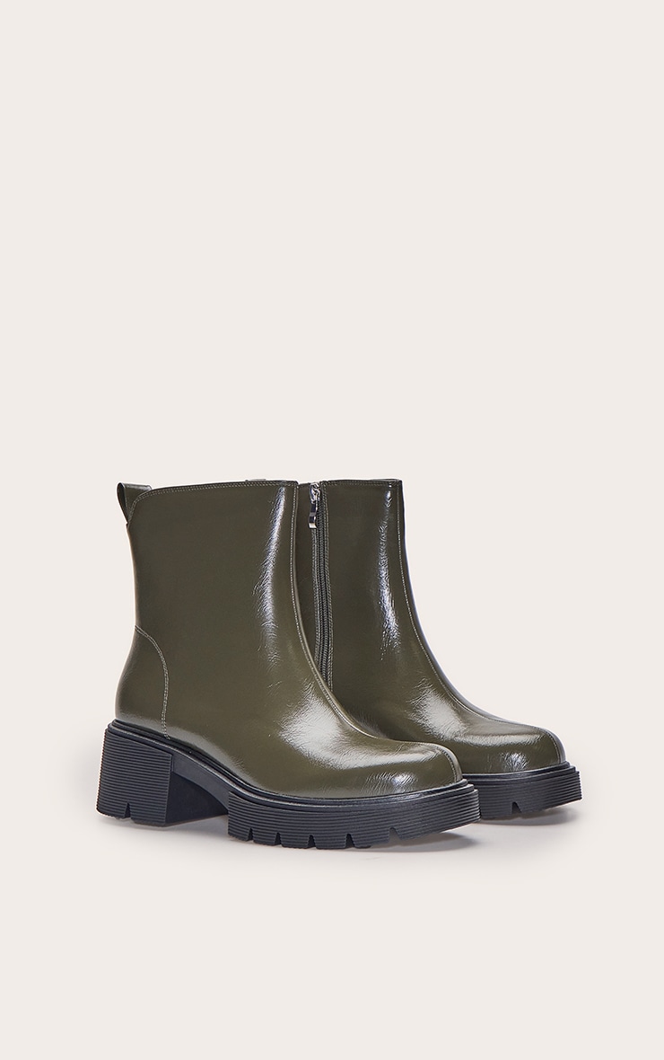 Olive Crinkle Chunky Cleated Sole Dipped Ankle Boot image 3