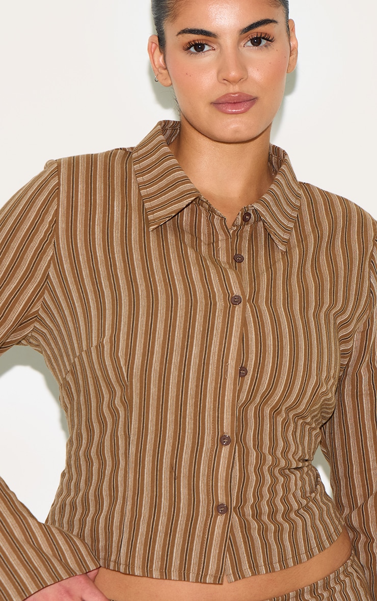 Plus Brown Pinstripe Fitted Shirt image 4