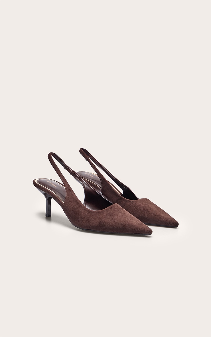 Escarpins pointus en suédine chocolat à talon moyen et bride derrière image 2