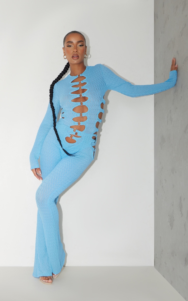 Blue Textured Ring Detail Cut Out Bodysuit image 3