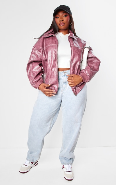 Plus Cherry Red Stitch Detail Washed Faux Leather Bomber Jacket