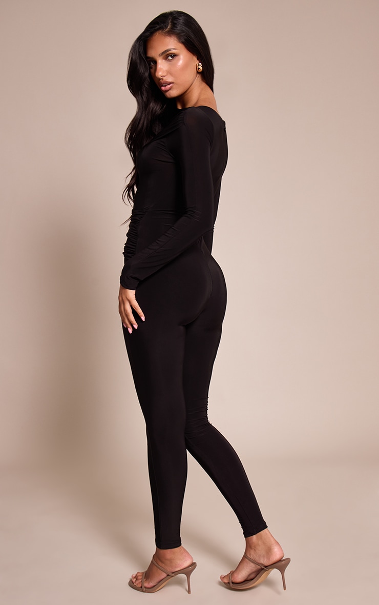 Black Slinky Long Sleeve Ruched Drape Jumpsuit image 2