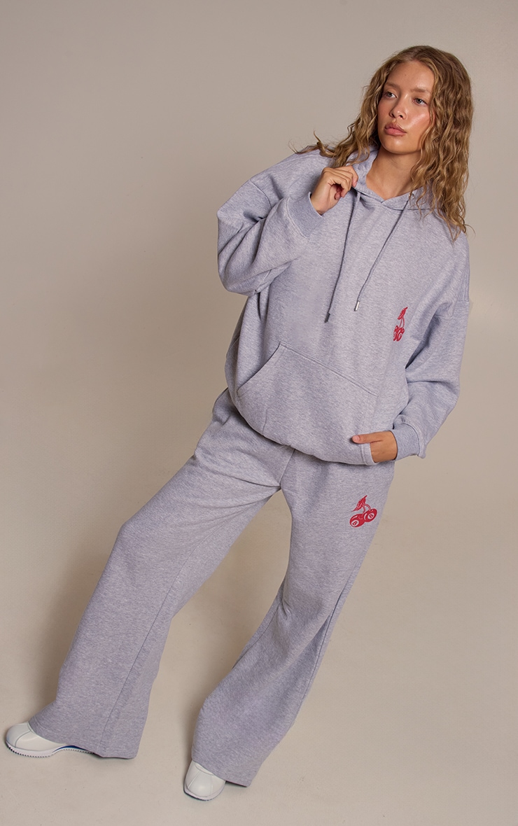 Grey Marl Cherry Print Oversized Hoodie
