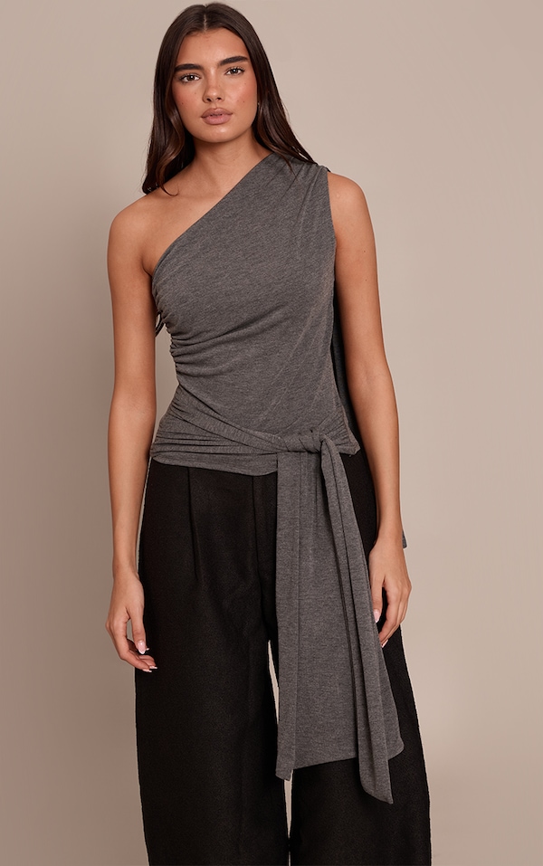 Charcoal Drape Tie Detail Asymmetric Top