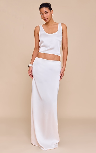 Cream Satin Mid Waist Maxi Skirt