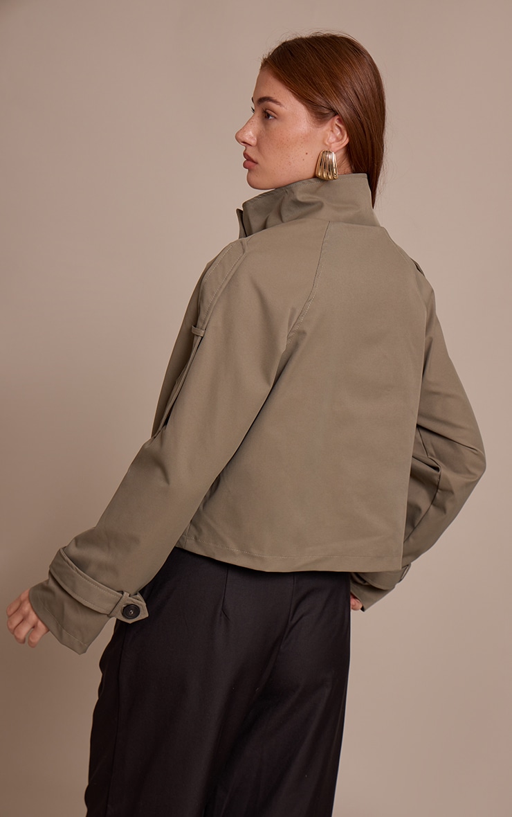 Olive Double Breasted Funnel Neck Cropped Trench Coat image 2