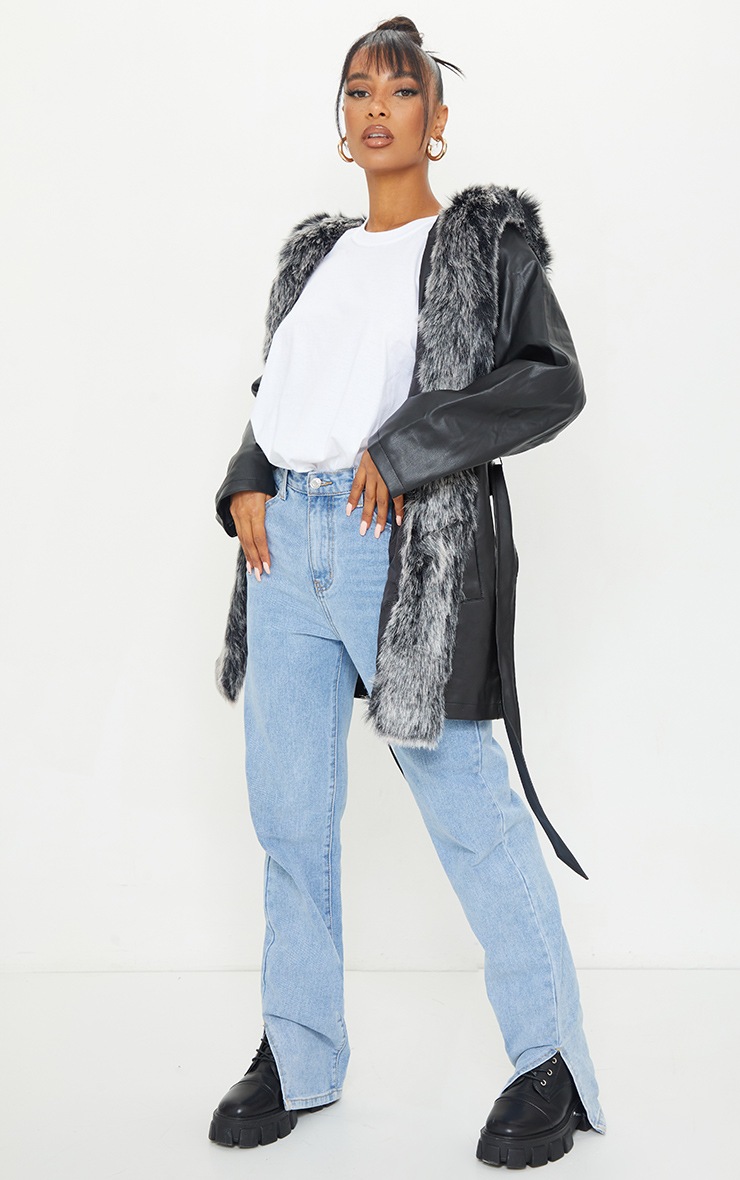 Image of Black Faux Leather Faux Fur Hooded Jacket, Black