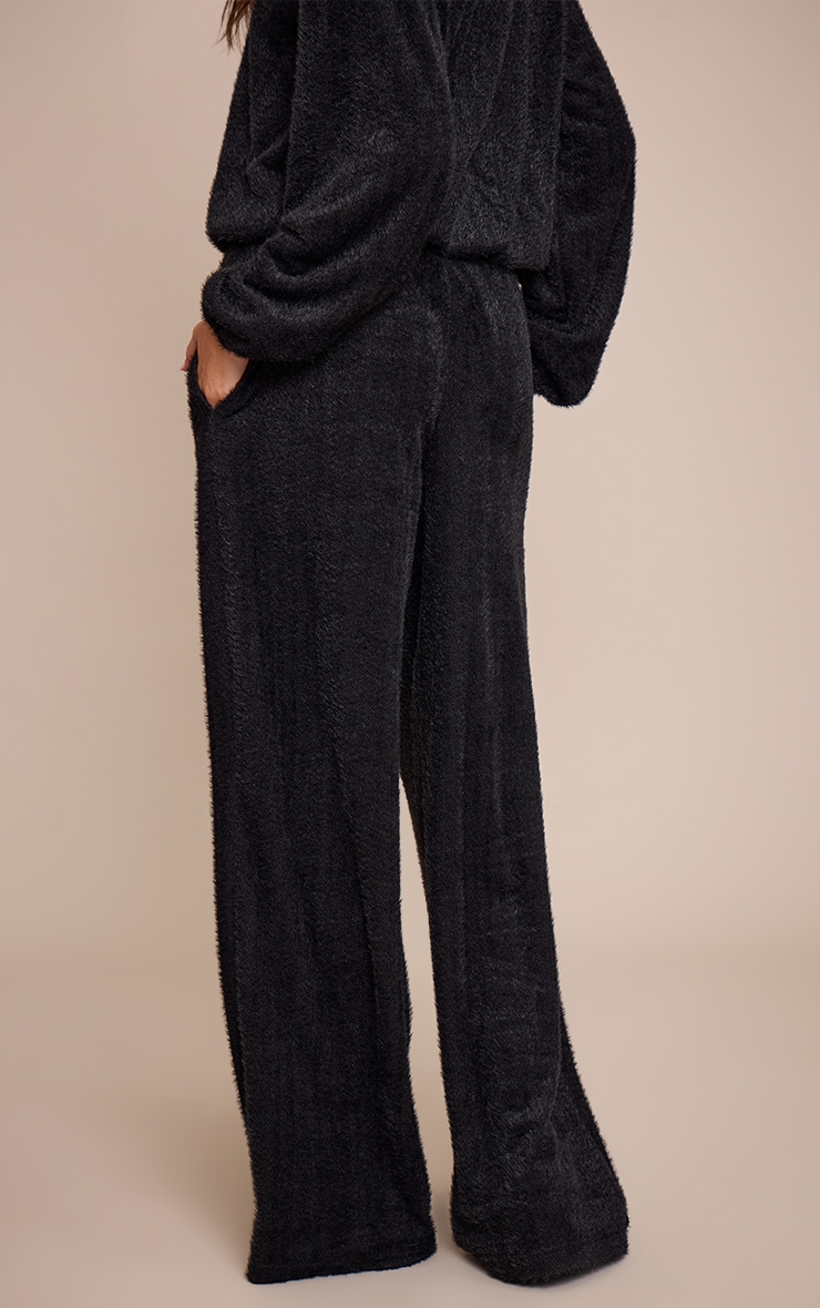 Black Textured Wide Leg Drawstring Pants image 3