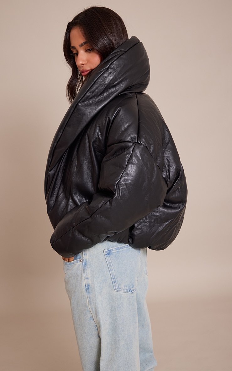 Petite Black Exaggerated Collar PU Puffer Coat image 2