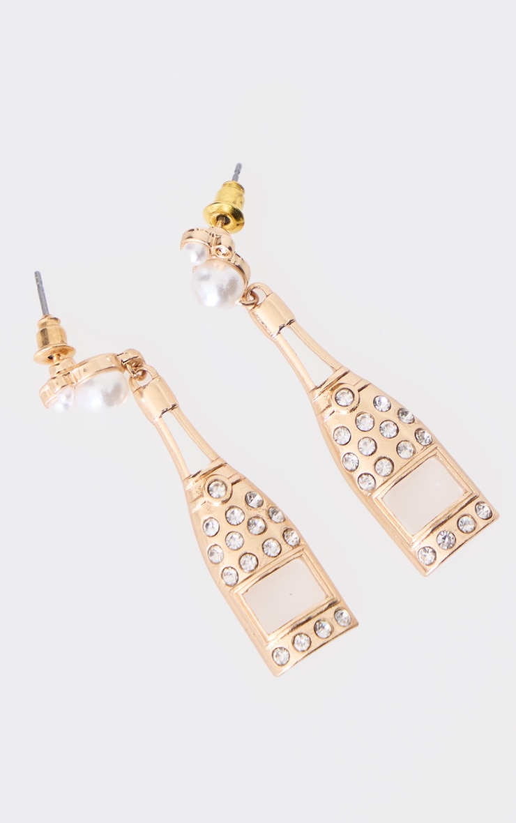 Gold Champagne Bottle Diamante Pearl Statement Earrings image 2