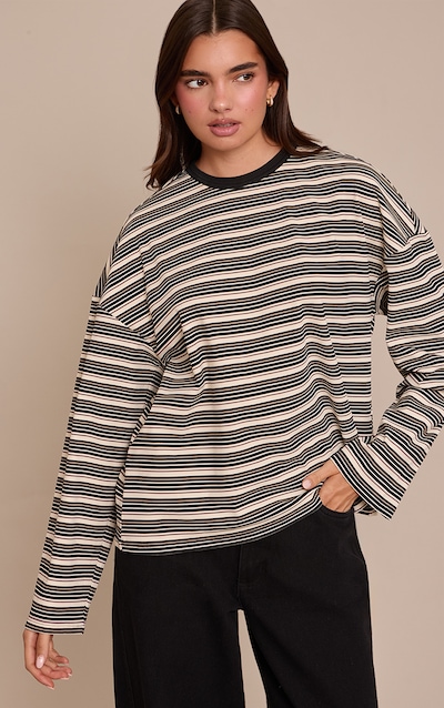 Multi Soft Rib Striped Detail Oversized Long Sleeve Top