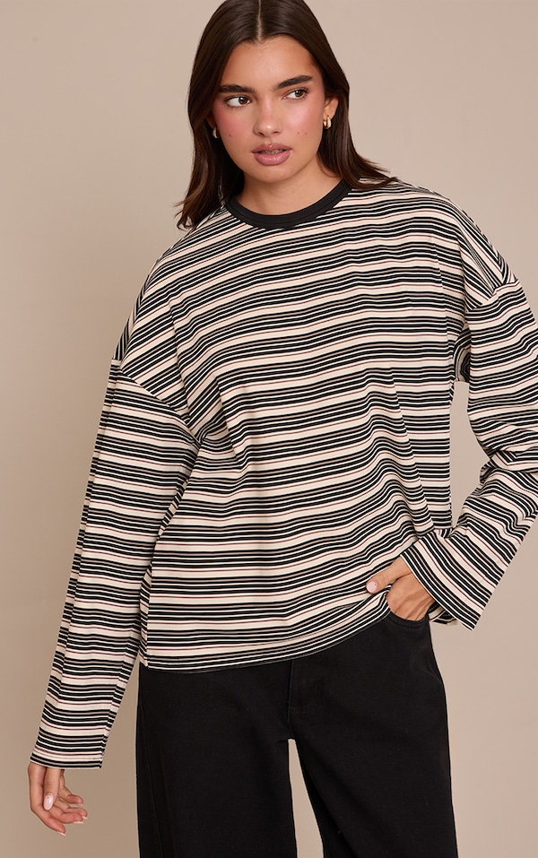 Multi Soft Rib Striped Detail  Oversized Long Sleeve Top 