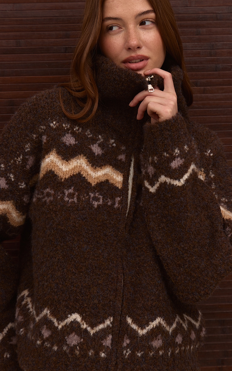 Brown Fairisle Zip Knit Cardigan image 1
