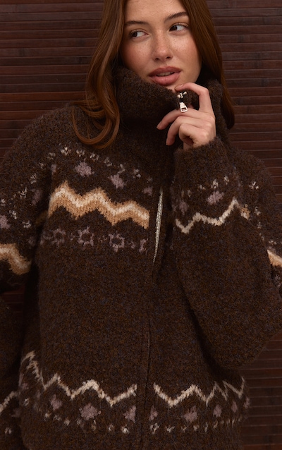 Brown Fairisle Zip Knit Cardigan