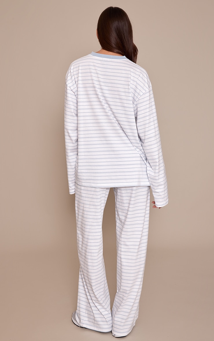 Dusty Blue Striped Wide Leg Drawstring Trousers image 3