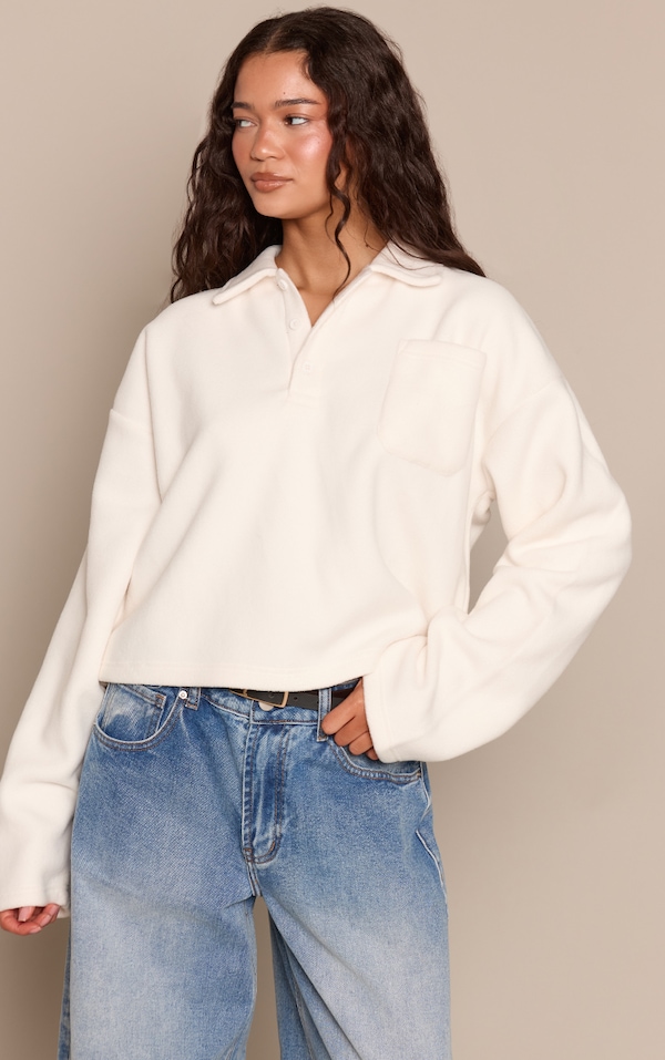 Cream Button Up Fleece Polo Sweatshirt 