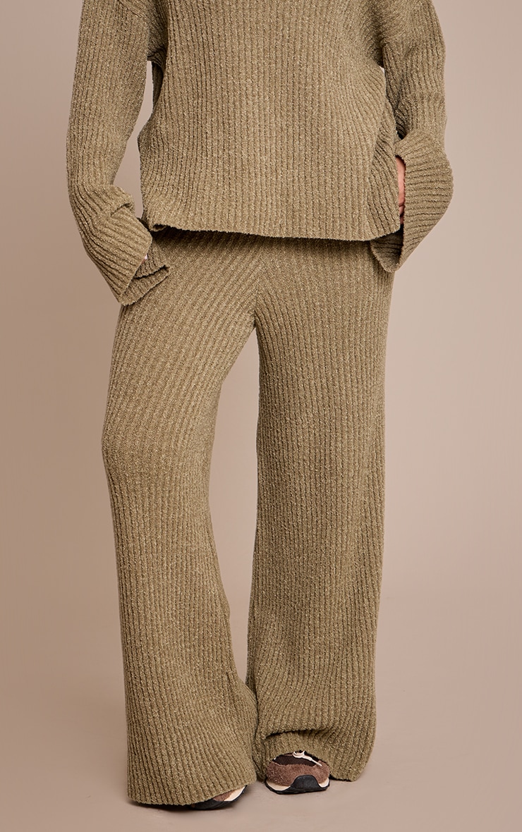 Plus Khaki Rib Boucle Knit Wide Leg Pants image 2