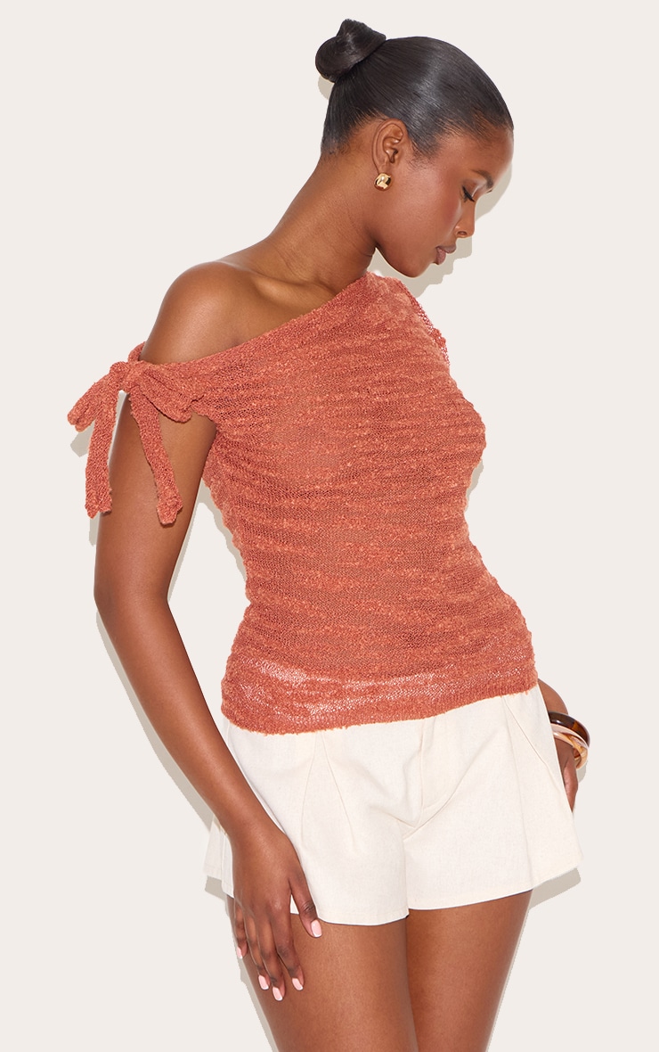 Top en maille style crochet boule rouille transparente à détail noué asymétrique image 1