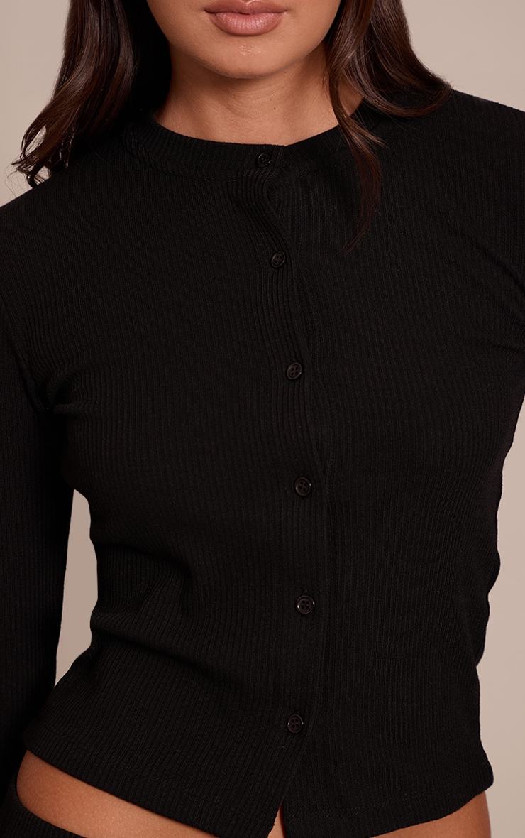 Black Rib Long Sleeve Button Up Fitted Cardigan  image 4