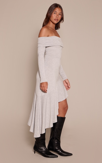 Grey Soft Jersey Bardot Asymmetric Hem Midaxi Dress