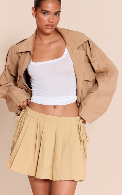 Camel Cotton Ruched Side Pleated Mini Skirt