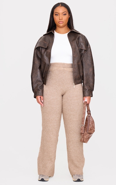 Plus Taupe Soft Knit Wide Leg Trousers