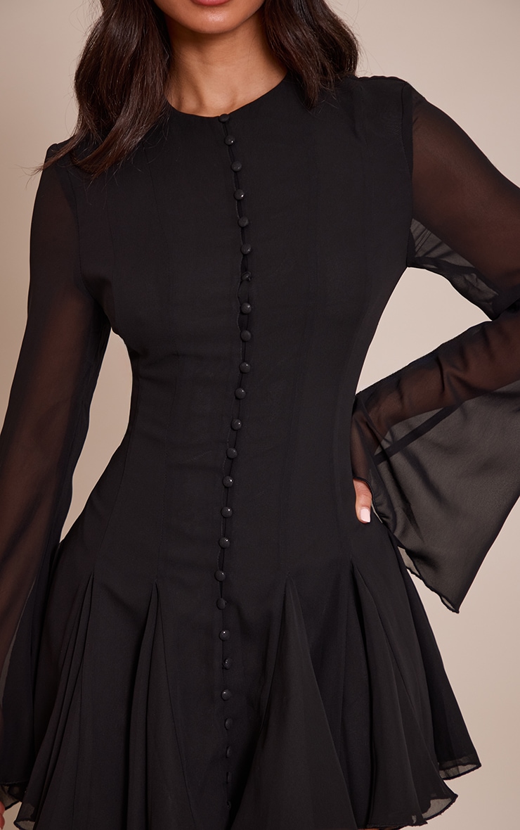 Petite Black Button Detail Long Sleeve Mini Dress image 4
