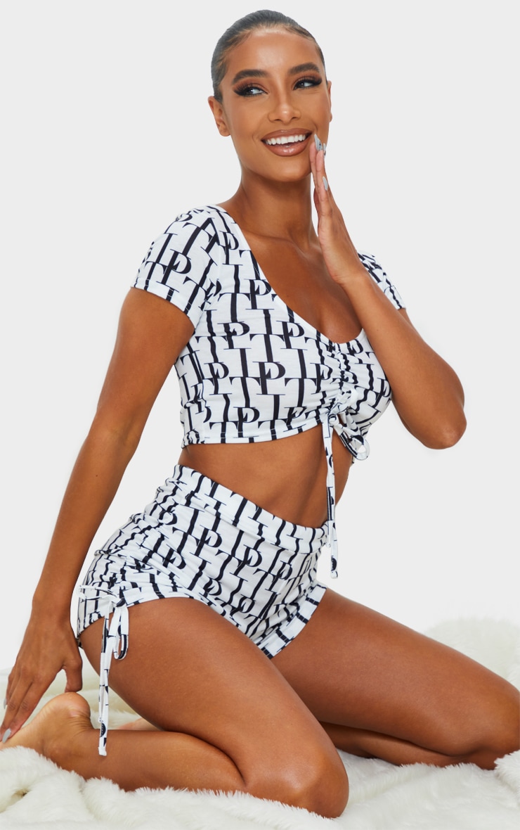 Plt White Initial Monogram Ruched Shorts Pj Se PrettyLittleThing QA