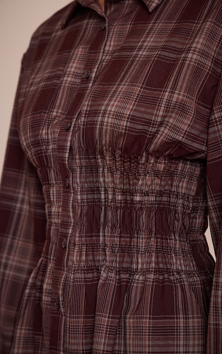 Brown Check Cinched Waist Long Sleeve Shirt Dress image 4