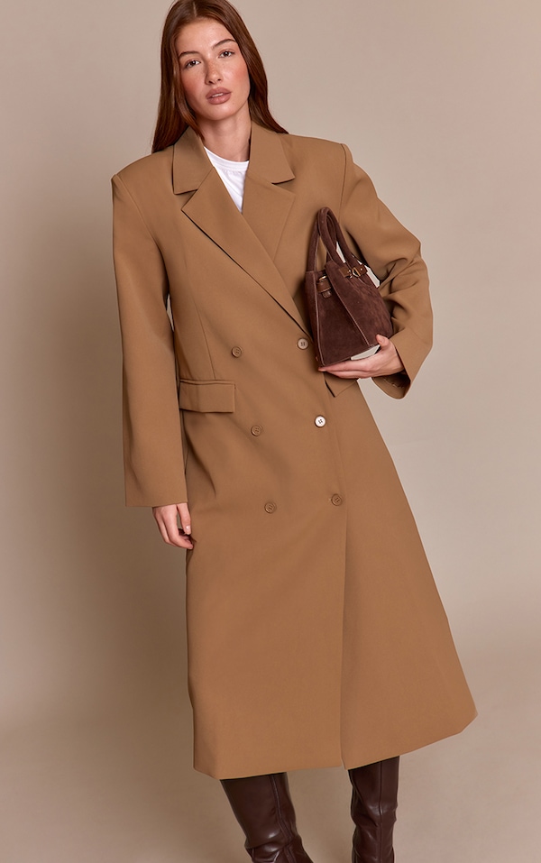 Veste de tailleur longue taupe à double boutonnière