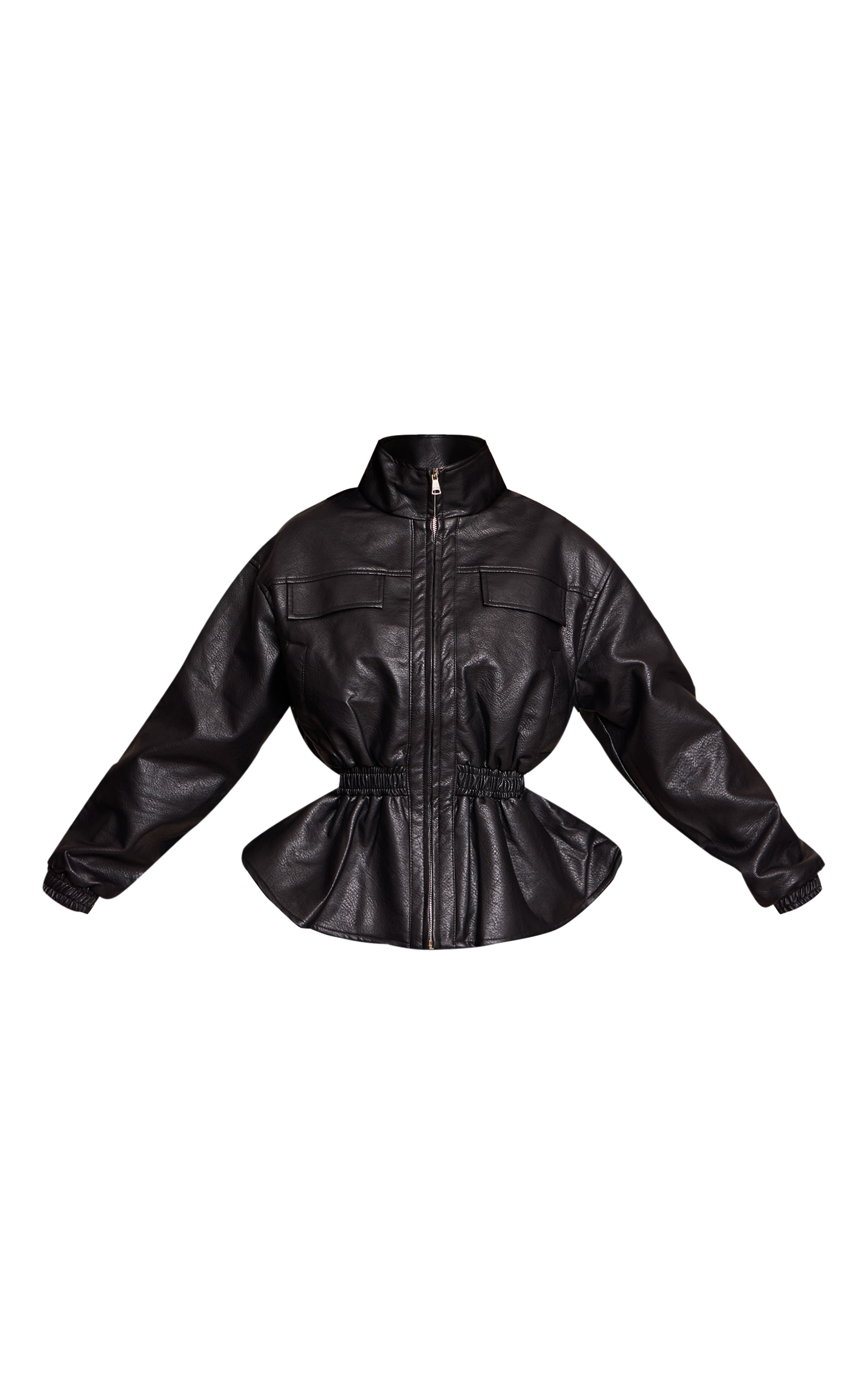 Black High Neck Cinched Waist Faux Leather Jacket image 5