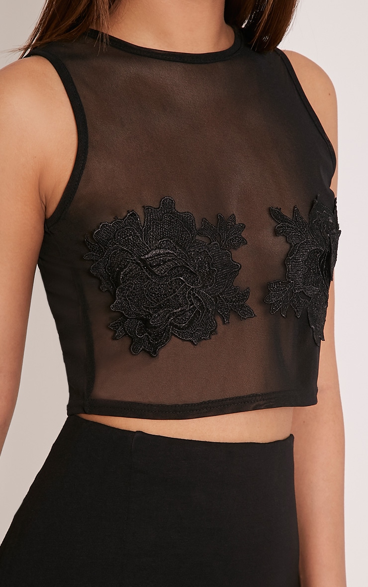 Emrose Black Mesh Applique Crop Top Jumpers PrettyLittleThing USA