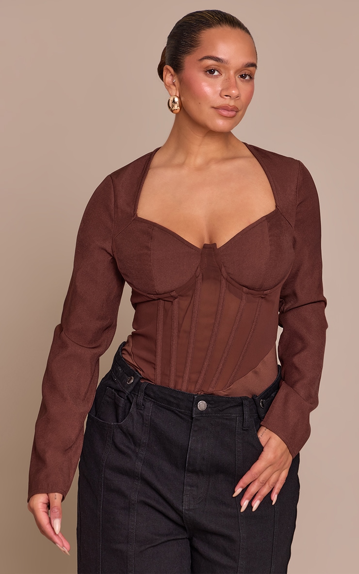 Shape Chocolate Mesh Long Sleeve Corset Bodysuit image 1