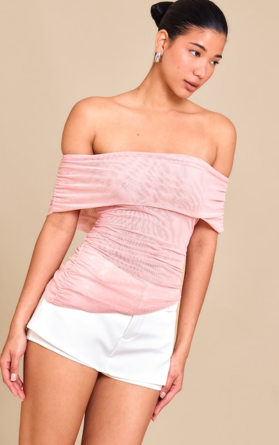 Top bustier en mesh rose dragée froncé à détail replié