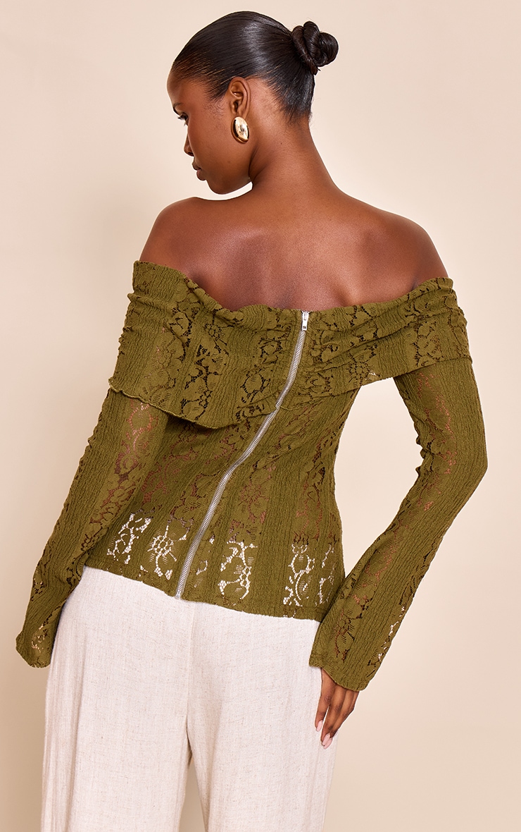 Dark Olive Fitted Lace Flared Sleeve Bardot Top image 2