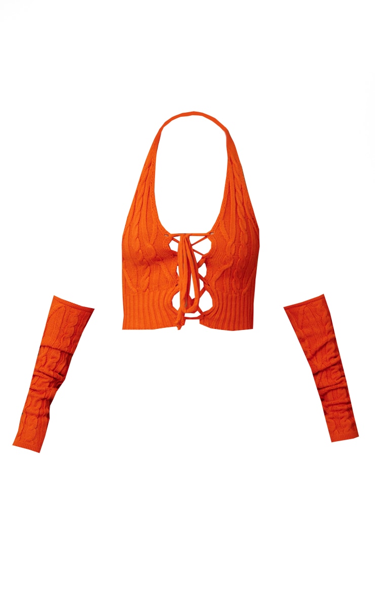  Burnt Orange Cable Knit Lace Up Crop Top & Sleeves image 5