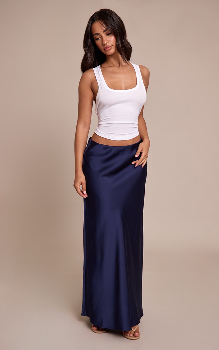 Petite Navy Satin Flowy Maxi Skirt image 2