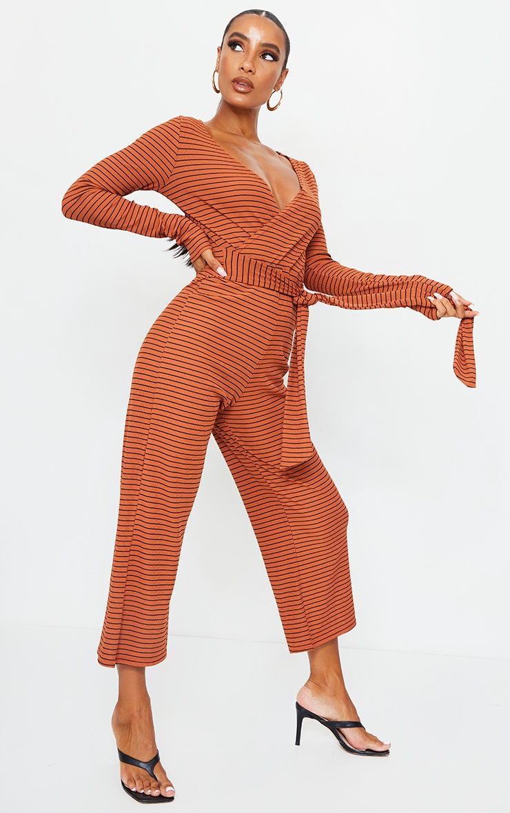 Rust Long Sleeved Striped Rib Wrap Culotte Jumpsuit