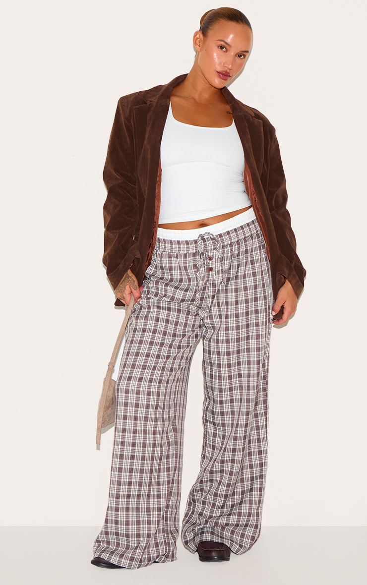 Plus Brown Gingham Print Button Front Straight Leg Pants image 2